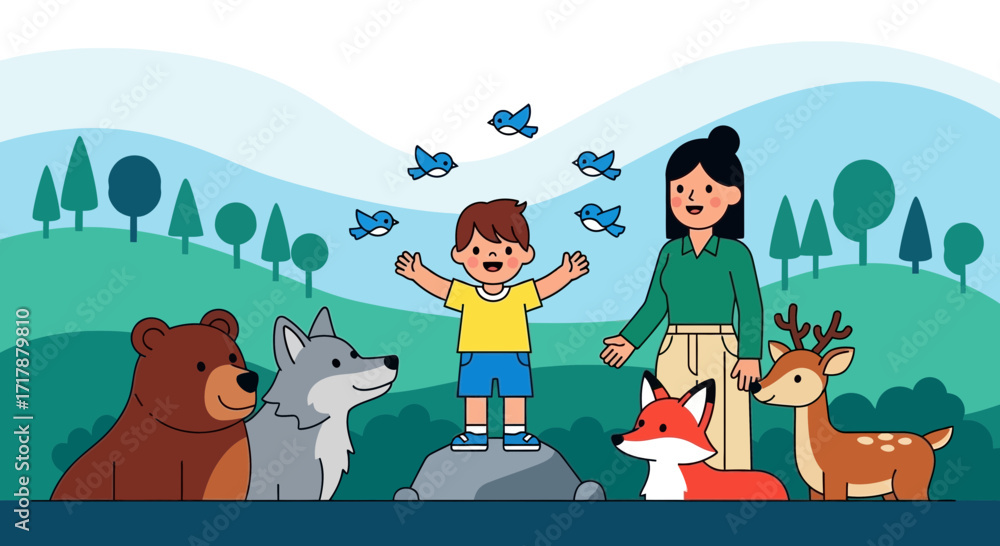 Fototapeta premium Joyful Illustration Depicting Child's Connection With Nature Through Birds and Animals