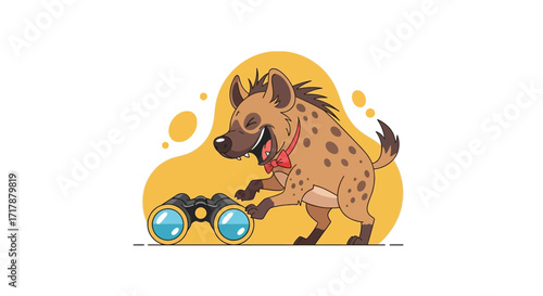 Joyful Hyena Appreciating Binoculars Against a Warm, Textured Backdrop Illustration