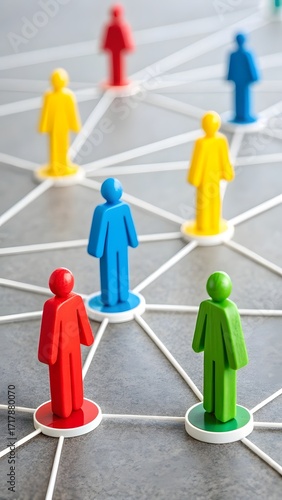 Colorful Human Figures Connected With Lines Representing Social Network Communication And Teamwork Concept