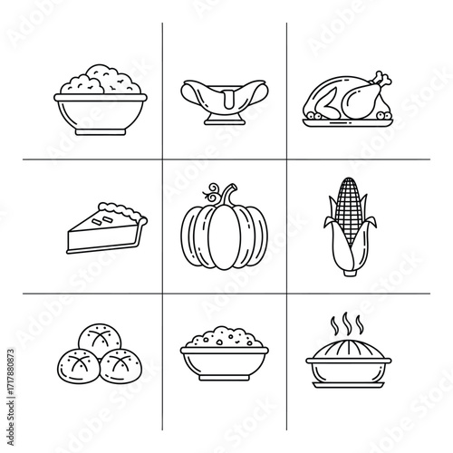 Hand drawn thanksgiving food icons representing classic holiday dishes and harvest symbols silhouette