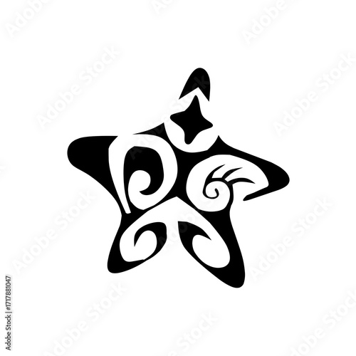 A unique black silhouette of a starfish filled with abstract tribal and spiral patterns, perfect for tattoos, logos, or beach-themed designs.