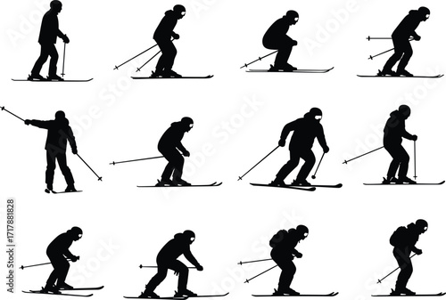 Silhouette illustration of skier in different skiing poses, winter sports shadow vector design, human figure motion, abstract ski activity art