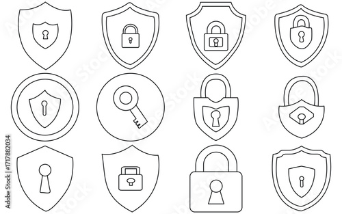 Security and Privacy Icon Set – Shield, Lock, Password, Cyber Protection, Vector Illustration