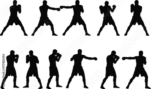 Boxing silhouette collection with fighters training, punching, sparring, defense, martial arts stance, combat sports, workout, fitness, strength, competition