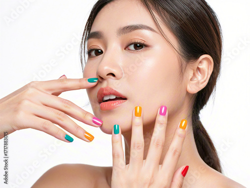 Young oriental female beauty with colorful manicure makeup close-up