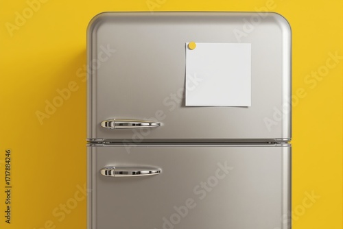 Wallpaper Mural Retro silver fridge with blank white note paper held by magnet on door, isolated on vibrant yellow background, concept of home or office reminders. Ai generative Torontodigital.ca