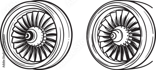 Detailed Black and White Illustration of a Jet Engine Fan
