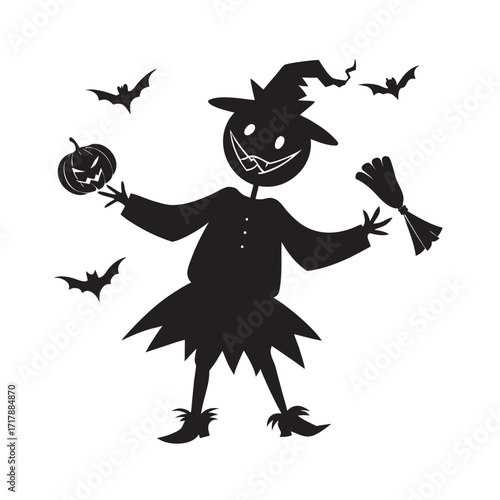 Pumpkin Scarecrow Doing Breakdance Silhouette Spooky Cartoon Design