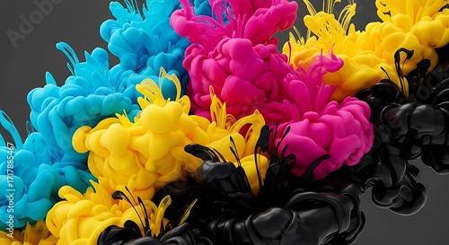 Abstract explosion of colorful ink in water, featuring cyan, magenta, yellow, and black