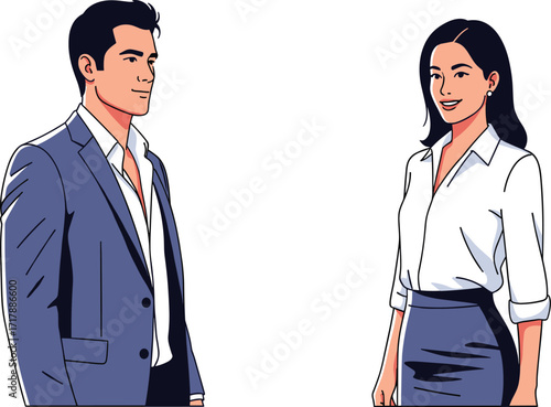 Business professionals in formal attire, suit and skirt, workplace diversity, gender representation, office fashion, leadership, teamwork, animated illustration, career
