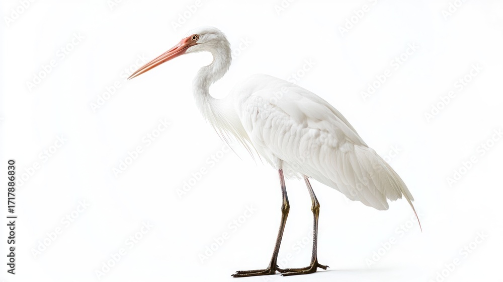 Obraz premium A white roseate spoonbill stands gracefully on a white background. The bird has a long, slender neck and a bright orange beak.