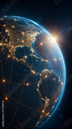 Planet Earth From Space With Global Network Connections And Glowing Lights Representing Worldwide Technology