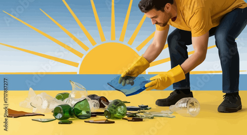 Man Cleans Up Broken Glass Representing Environmental Protection on the Beach