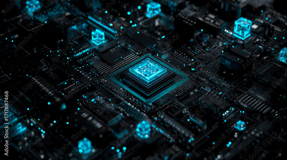 Fototapeta premium 3D render of a futuristic, glowing computer mainboard with microchips and crystals, top view.