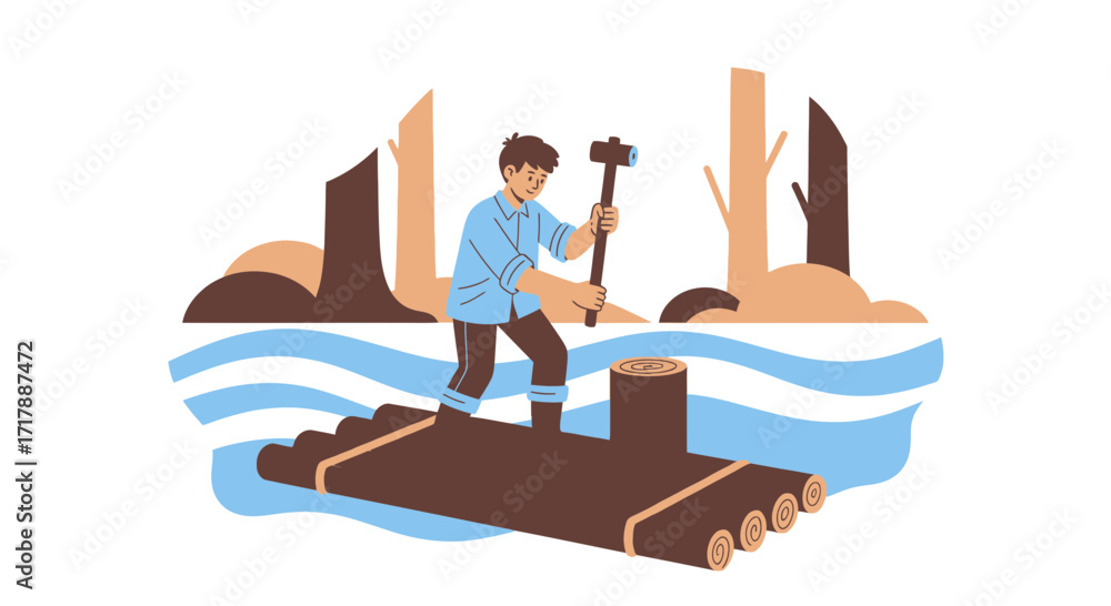 Obraz premium Man Crafting A Raft In A River Depicting Resourcefulness And Environmental Awareness