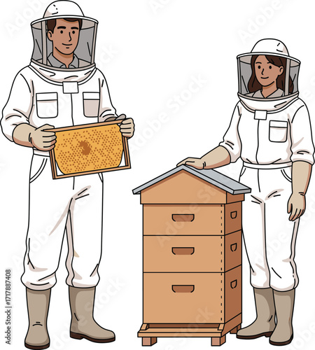Cartoon beekeepers, honeycomb frame, protective suits, hive inspection, safety gear, pollination, teamwork, apiary tools, honey production, illustration