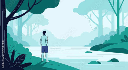 Man Contemplating Nature In Front Of The Tranquil River in a Calming And Serene Landscape