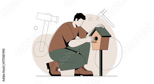 Man Crafting Birdhouse: A Simple Vector Illustration Focused On Nature And Craftsmanship