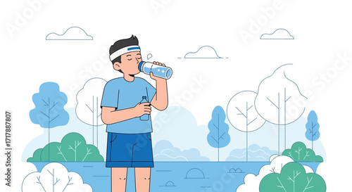 Man Enjoying Water During A Break In Nature, Staying Hydrated For Peak Performance