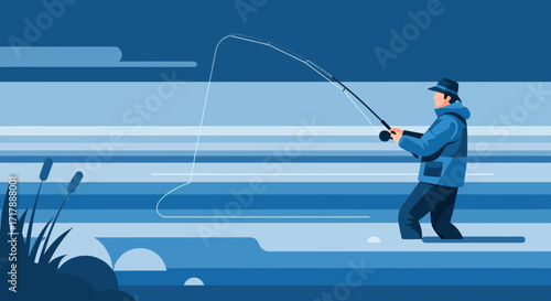 Man Fishing In Tranquil Waters Captures The Essence And Sport Of Angling Allure