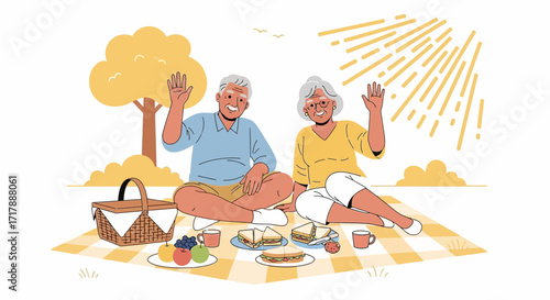 Joyful Senior Couple Enjoying a Sunny Picnic in a Picturesque Park Setting