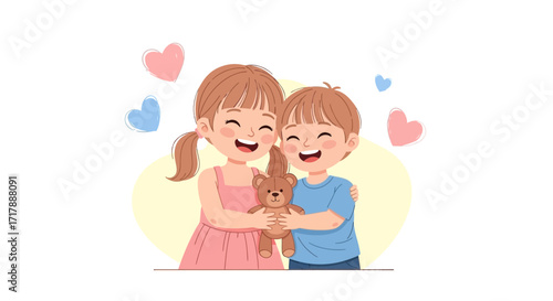 Joyful Siblings Embrace Happiness Together Showing Affection Among Lovely Hearts
