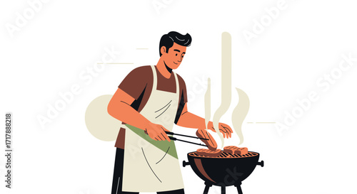 Man Grilling Food On Barbecue, Outdoor Cooking, Summer Activity, Vector Illustration