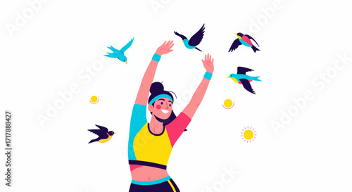 Joyful Woman Interacting With Birds In a Delightful And Exuberant Illustrative Composition