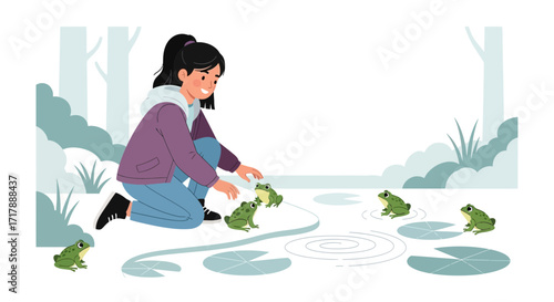 Joyful Woman Interacting With Frogs Amidst Lily Pads, A Serene Pond Scene