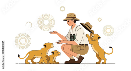 Man Interacts With Playful Lion Cubs In A Whimsical And Delightful Scene