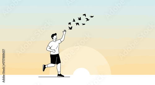 Man Is Running, Birds Flying, Freedom, Silhouette and Sunlight, a Vibrant Graphic Scene