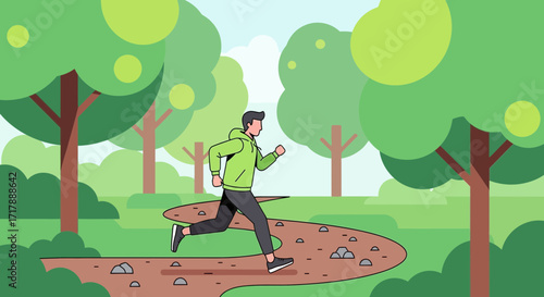 Man Jogging In The Park During The Daytime With Trees And Nature Around Him