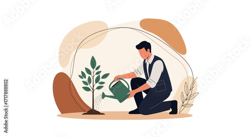 Man Nurturing Sapling With Water, Cultivating New Life and Promoting Growth