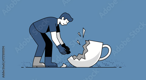 Man Observing Fractured Ceramic Mug: A Study in Unexpected Destruction and Aftermath