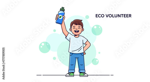 Joyful Young Person Promotes Eco-Friendly Habits With Water Bottle Enthusiastically Holding