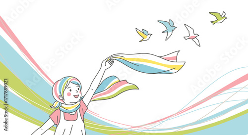 Joyful Young Person Releasing Fabric And Watching Flying Birds In A Whimsical Scene