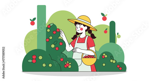 Joyful Young Woman Collecting Fresh Harvested Fruits From Abundant Orchard Garden Scenes