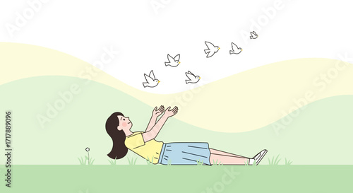 Joyful Young Woman Reclining On Grass Observing Birds Flying in A Peaceful Scene