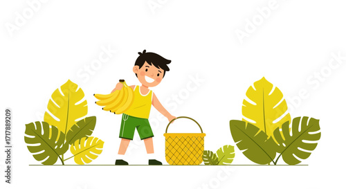 Joyful Youngster Harvesting Bananas, An Energetic Scene of Tropical Fruit Gathering