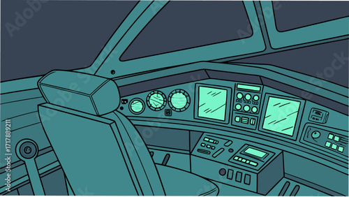Modern aircraft cockpit interior with glowing screens and controls, ready for flight adventure and exploration