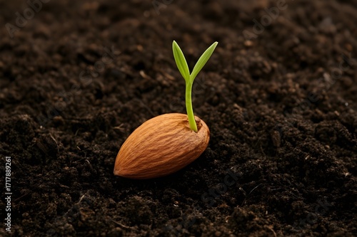 almond seed sprouting in organic soil close-up