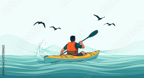 Kayaking Adventure: Solitary Paddler Navigating the Ocean with Sea Birds in the Sky