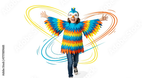 Kid Embracing Imagination With Bird Costume And Spiraling Swirls Decorations