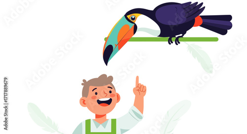 Kid Gazes At Colorful Toucan Perched Above, Pointing And Smiling In Fascination