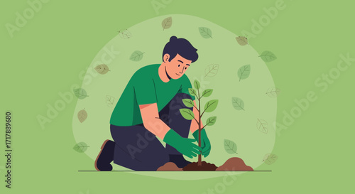 Man Planting Young Tree in Ground With Leaves Floating Around Green Backdrop