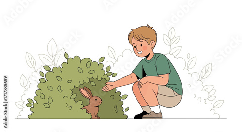Kid Gently Interacting With a Bunny Hidden Within a Lush Green Hedge