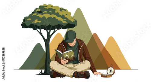 Man Reading and Planning His Outdoor Journey with Compass and Mountain Background