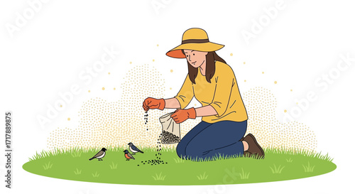 Kind Woman Feeds Birds Seeds While Gardening, Happy, Calm, And Soothing Scene