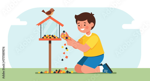 Kind Young Boy Feeding Birds At A Birdhouse Filled With Nutritional Seeds