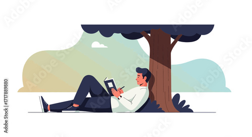 Man Reading A Book Under A Tree During A Relaxing Afternoon In Nature